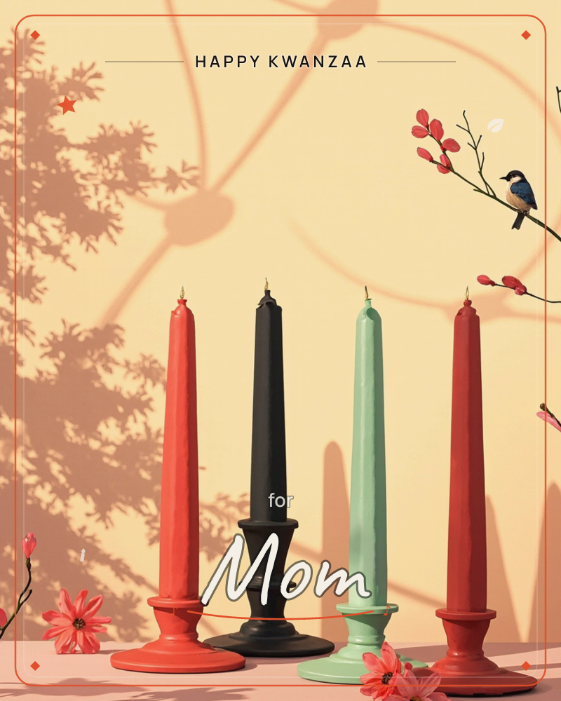 Four tall tapered candles in coral, black, sage green and deep red stand in a row on a soft pink surface, lit by warm golden light that casts a lacy…, a kwanzaa e-card design