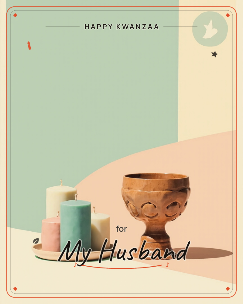 A cluster of pillar candles in cream, dusty pink and sage sits on a round plate beside a carved wooden goblet, arranged against a graphic backdrop…, a kwanzaa e-card design