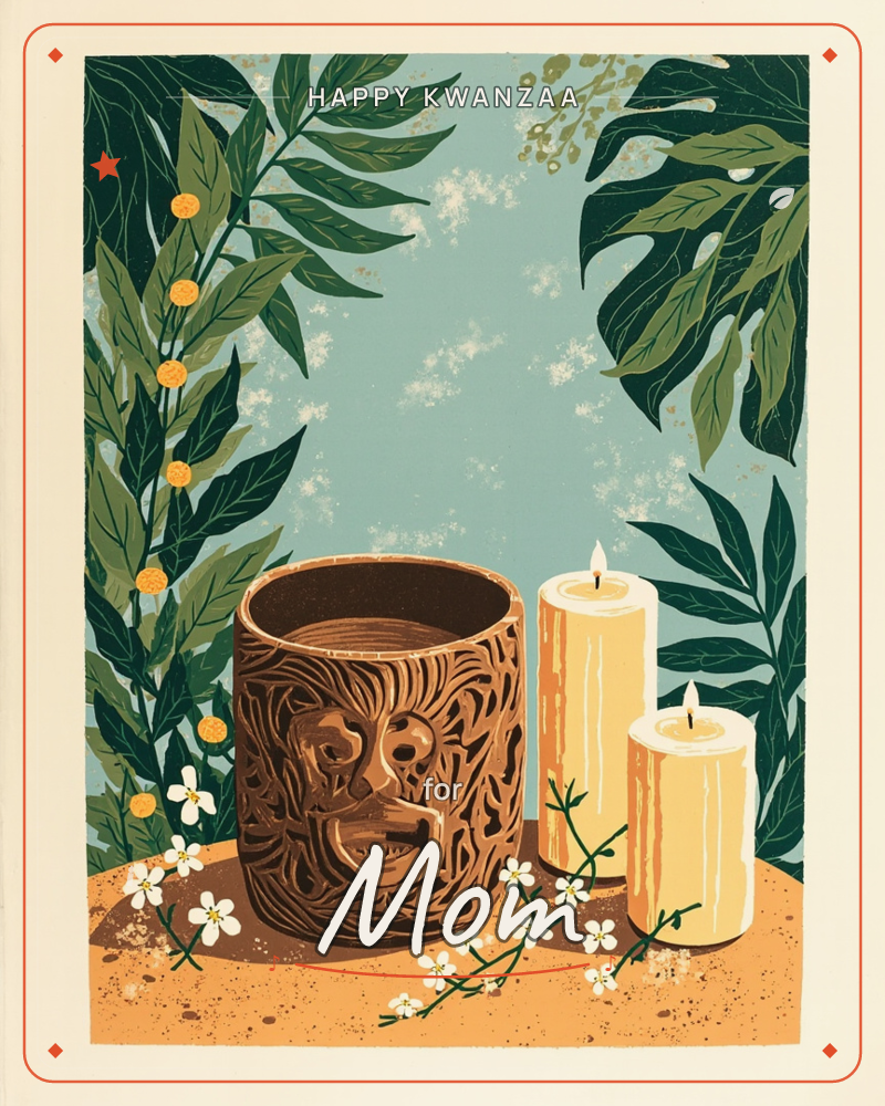 A carved wooden tiki mug sits on a sandy tabletop beside two lit pillar candles, framed by tropical leaves, small orange berries, and sprigs of white…, a kwanzaa e-card design