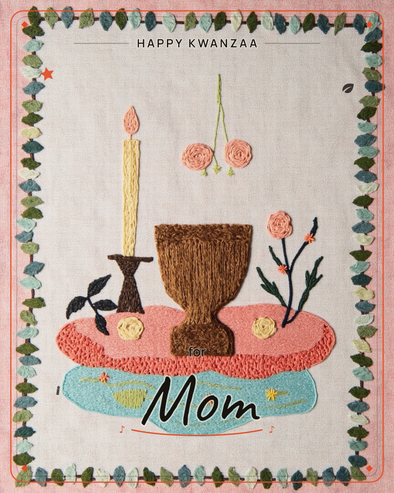 An embroidered still life on natural linen shows a lit taper candle beside a wide brown goblet, set on a coral-pink mound above a pale blue pool of…, a kwanzaa e-card design