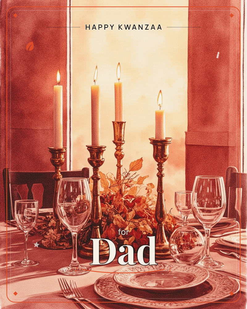A formal dinner table is set with polished glassware, plates, and brass candlesticks holding four lit tapers, their flames glowing against a warm…, a kwanzaa e-card design