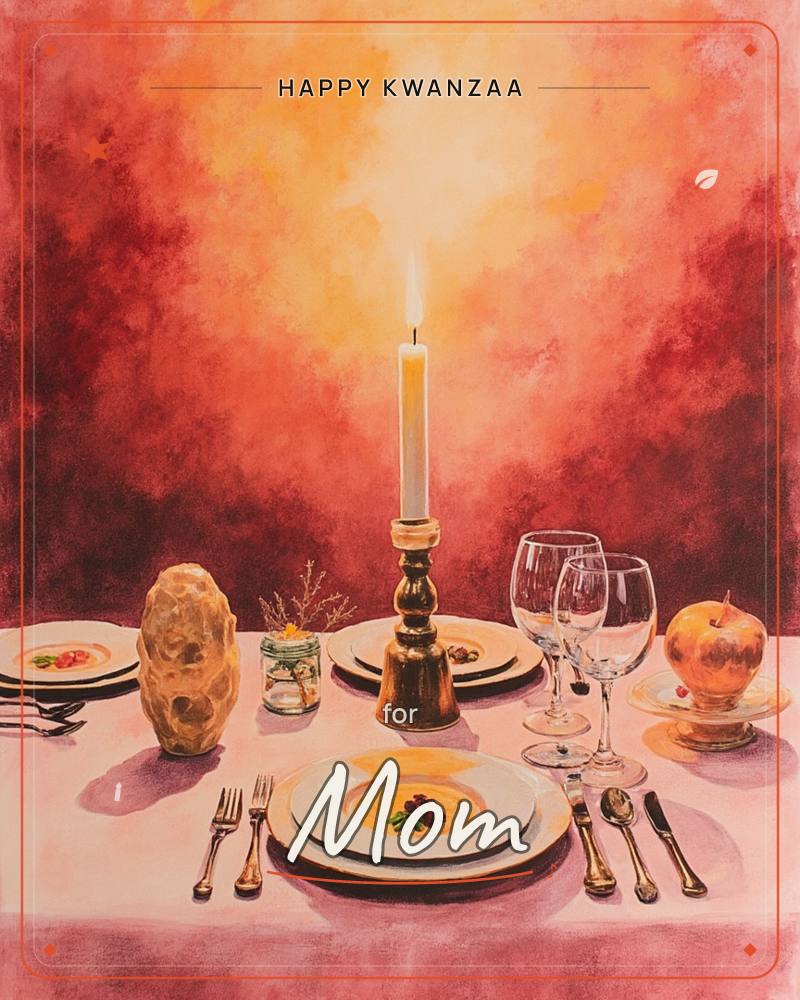 A formally set table glows under a single tall candle, its flame lighting a smoky red-and-gold background like a painted sunset, a kwanzaa e-card design