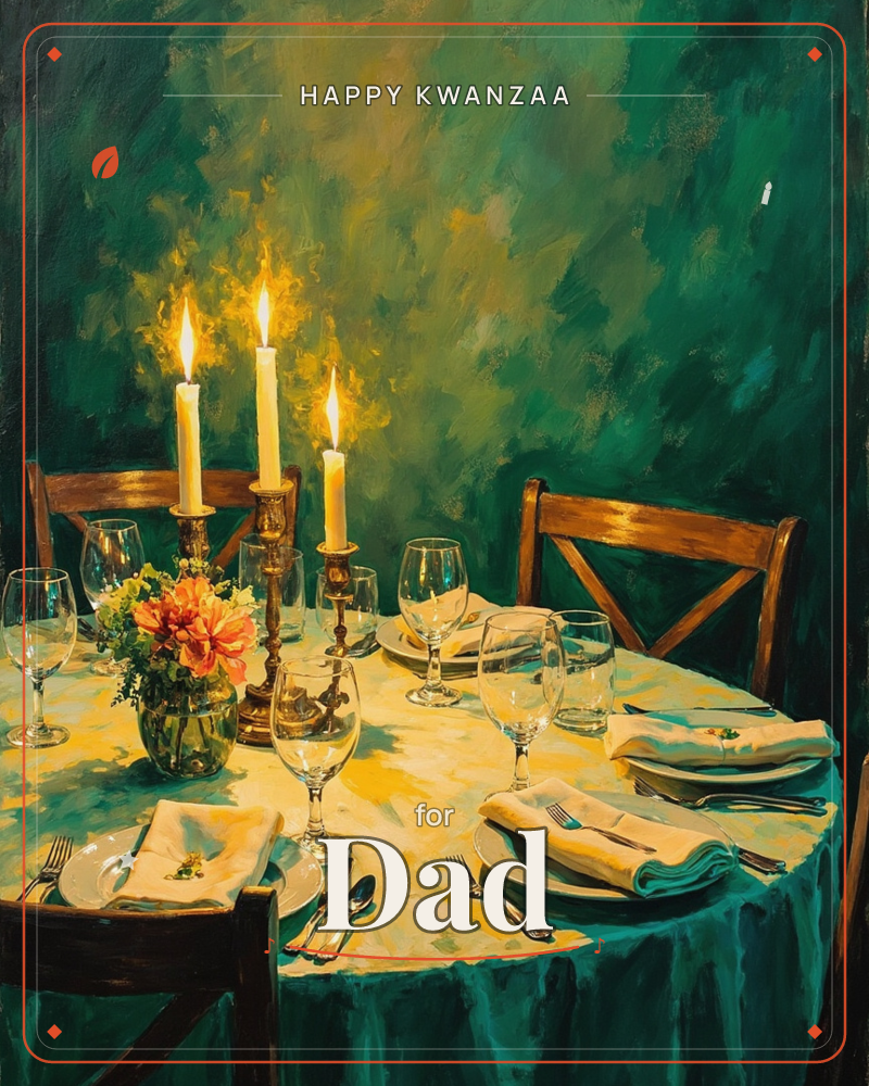 A round table is set for two with a white cloth, folded napkins, and gleaming wine glasses, lit by three tall candles in brass holders, a kwanzaa e-card design