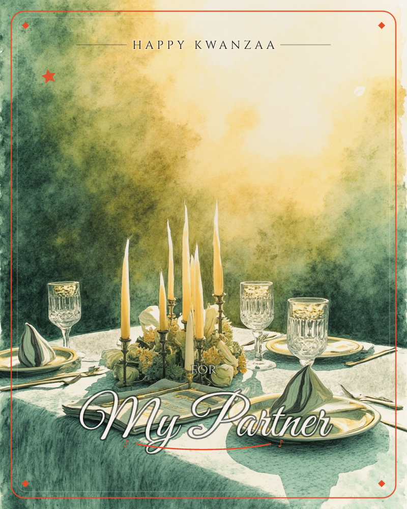 A formal dinner table is set with gold-rimmed plates, folded napkins, and crystal glasses catching candlelight, while a cluster of tall tapered candles…, a kwanzaa e-card design