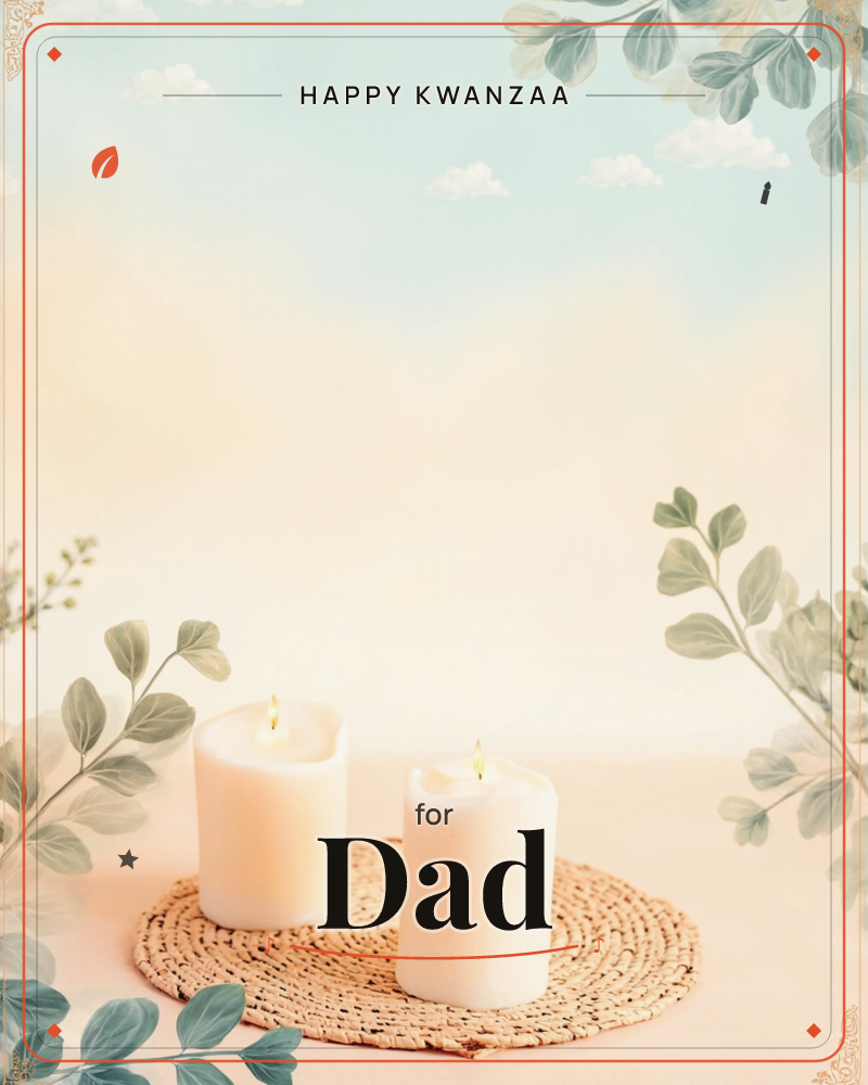 Two lit white pillar candles sit side by side on a small woven straw mat, set against a soft blue sky with a few clouds fading into a warm cream…, a kwanzaa e-card design