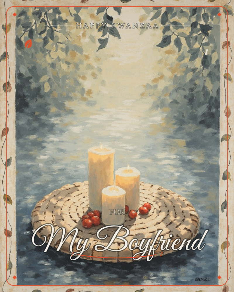 Three cream candles of varying heights sit lit on a round woven mat, with small red berries scattered beside them, all resting on still blue-toned water, a kwanzaa e-card design