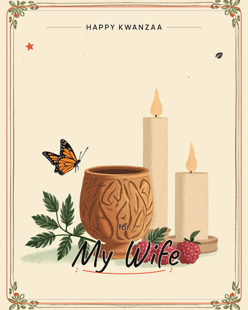A carved wooden goblet sits beside two lit cream candles, framed by a monarch butterfly, fern leaves, and a scatter of ripe raspberries, a kwanzaa e-card design