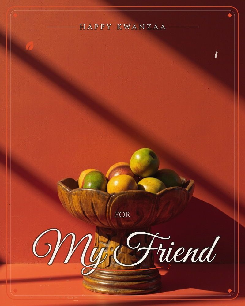 A carved wooden pedestal bowl holds a mound of apples in green, gold and red, set against a deep terracotta wall streaked with hard diagonal shadows, a kwanzaa e-card design
