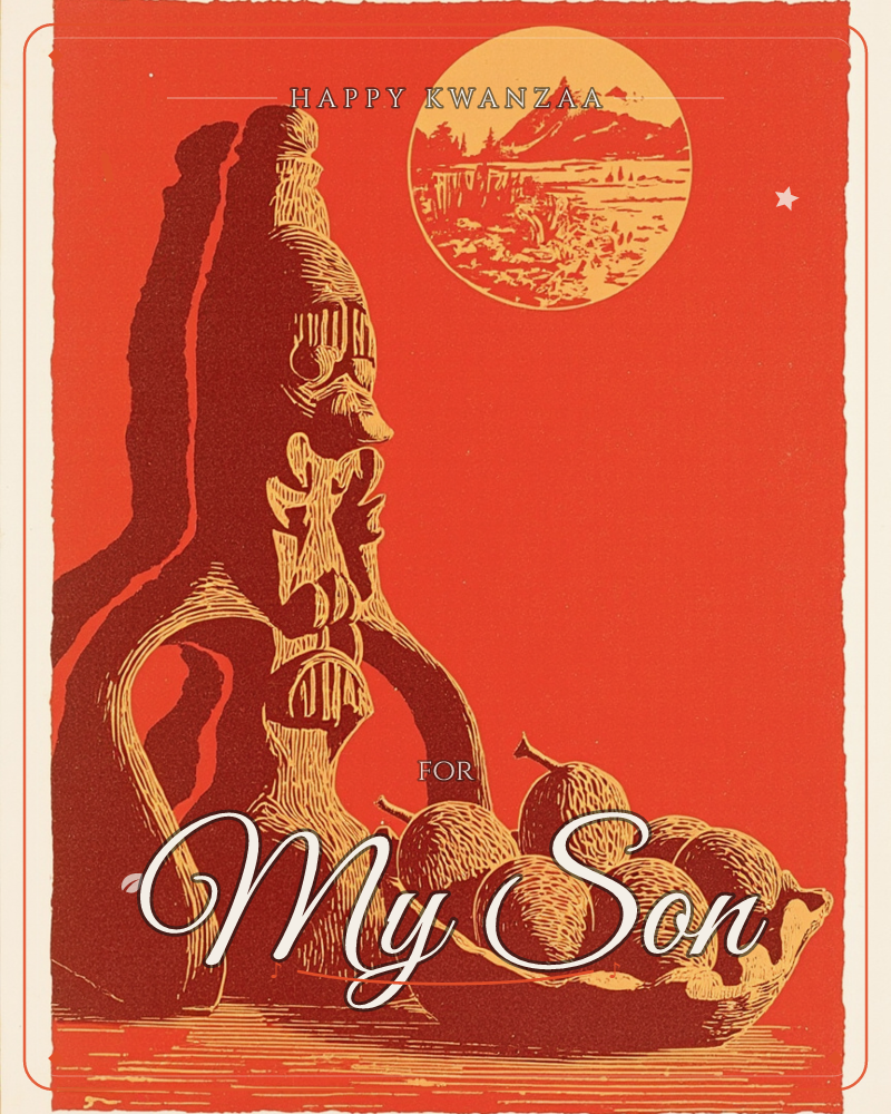 A tall carved jug with a handle and stopper stands beside a bowl piled with figs or plums, rendered in deep ochre linework against a glowing red backdrop, a kwanzaa e-card design