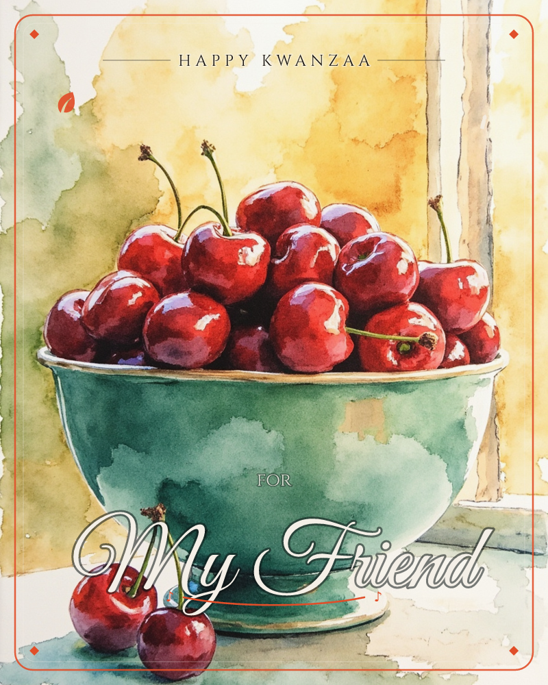 A watercolour still life shows a heaping bowl of glossy red cherries sitting on a sunlit windowsill, their stems still attached, with two loose…, a kwanzaa e-card design