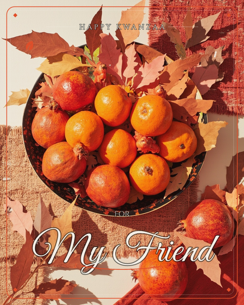 A patterned bowl overflows with oranges and pomegranates, tucked among dried oak leaves and set on a woven cloth in warm autumn sunlight, a kwanzaa e-card design