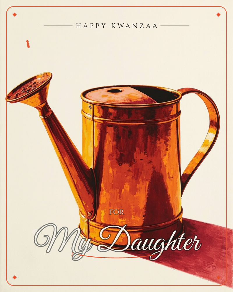 A copper-toned watering can sits alone against a plain cream background, painted with bold streaks of amber, rust and burnt orange catching the light, a kwanzaa e-card design