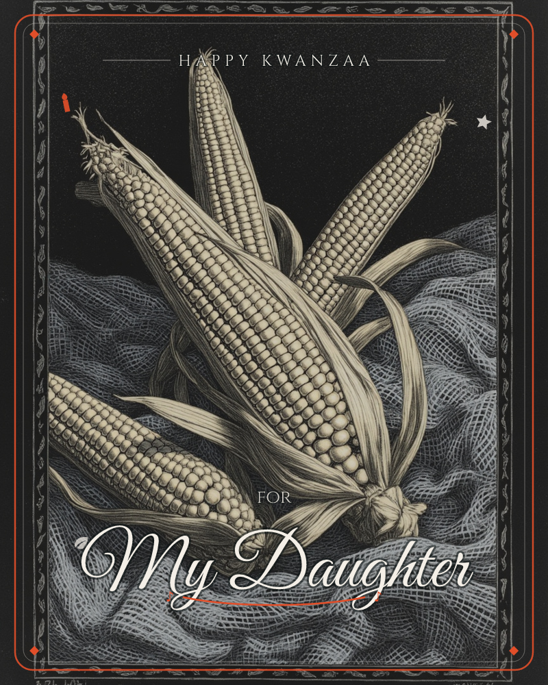 A cluster of husked corn cobs rests on rumpled gauzy cloth, rendered in fine scratchboard lines against a solid black background, a kwanzaa e-card design