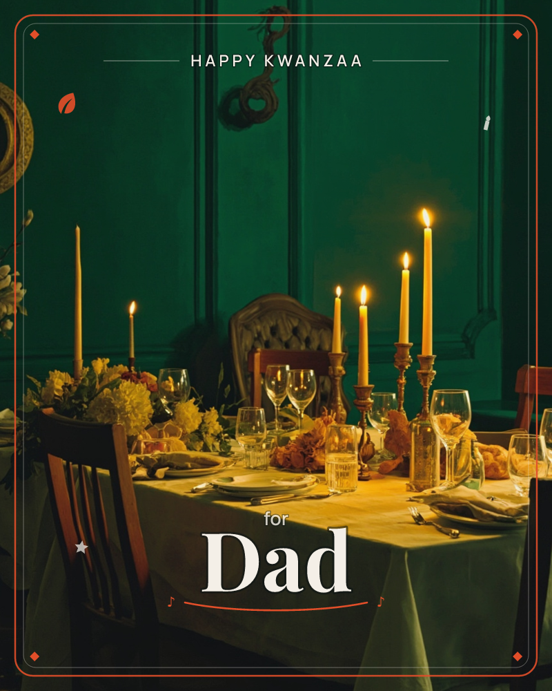 A formal dining table is set against a deep emerald, paneled wall, glowing under the warm flicker of tall lit candles in brass holders, a kwanzaa e-card design
