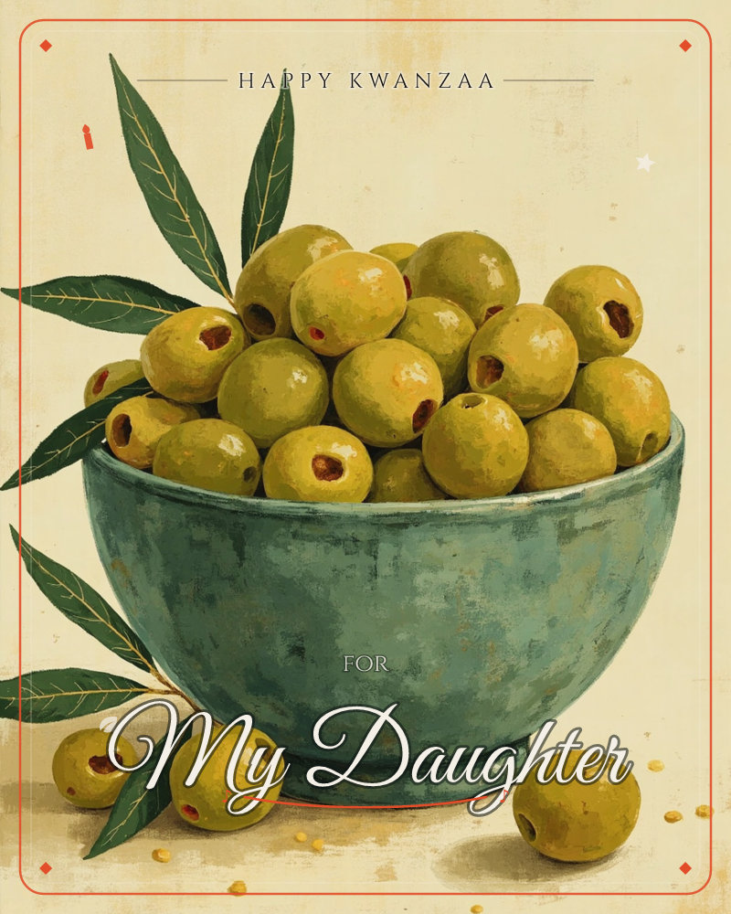 A weathered teal-glazed bowl overflows with plump green olives, their pits showing dark red centers, set against a soft cream background, a kwanzaa e-card design