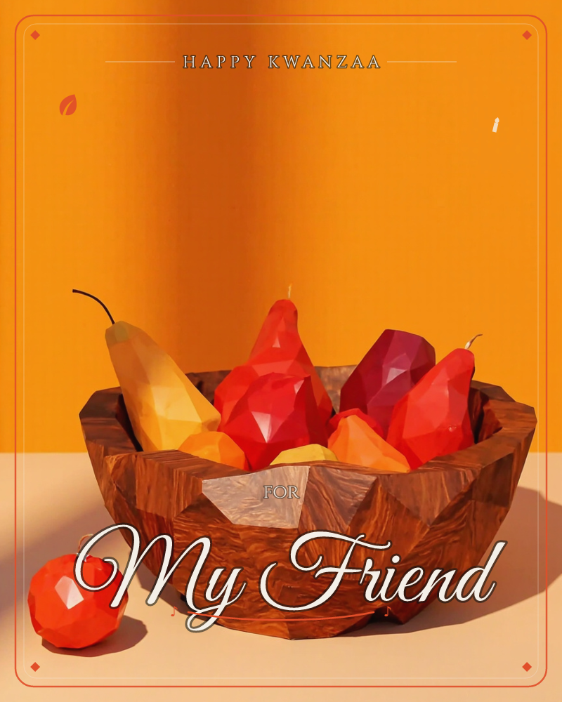 A low-poly wooden bowl holds a cluster of faceted pears in yellow, red and deep crimson, with a single apple sitting apart on the table beside it, a kwanzaa e-card design