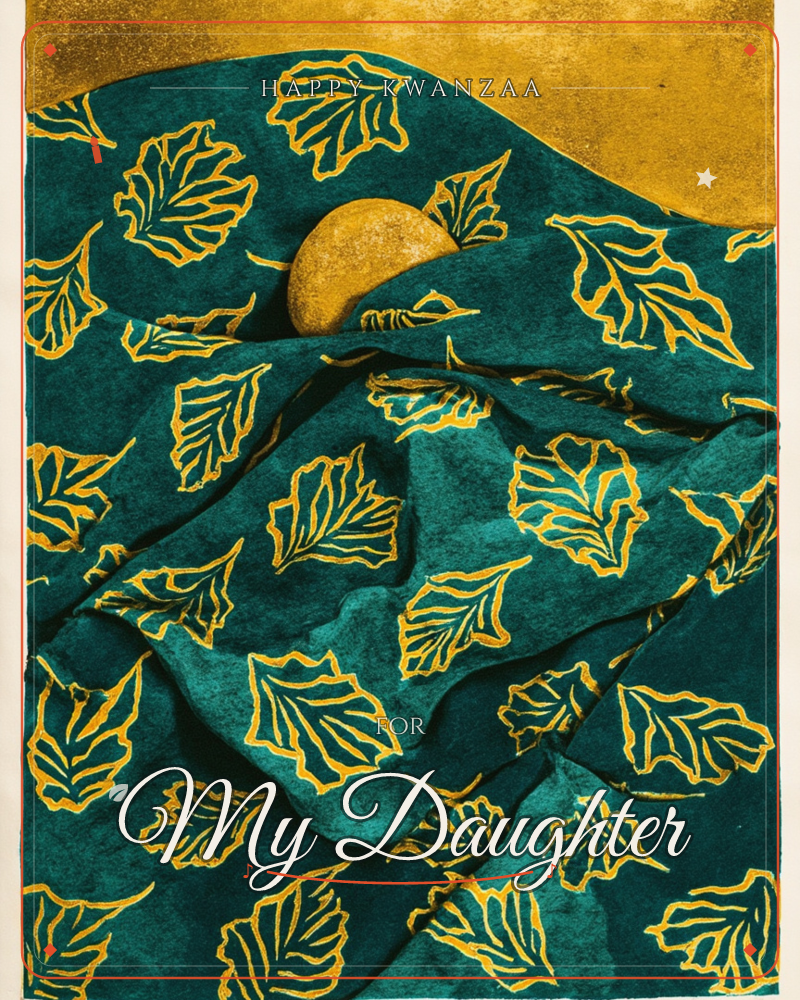 A rippling swathe of deep teal fabric is printed all over with gold-outlined oak leaves, its folds catching the light like a hillside at dusk, a kwanzaa e-card design