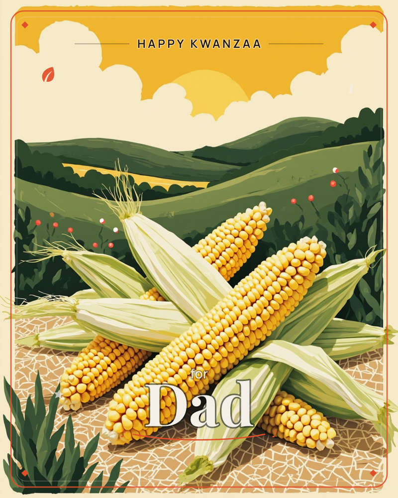 A pile of freshly husked corn cobs sits stacked on a cracked sandy path, their pale green husks peeled back to show plump golden kernels, a kwanzaa e-card design