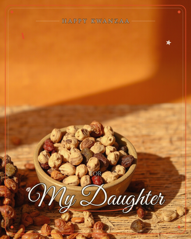 A small ceramic bowl of dried chickpeas and mixed seeds sits on a woven mat, scattered pieces spilling loose around its base, a kwanzaa e-card design