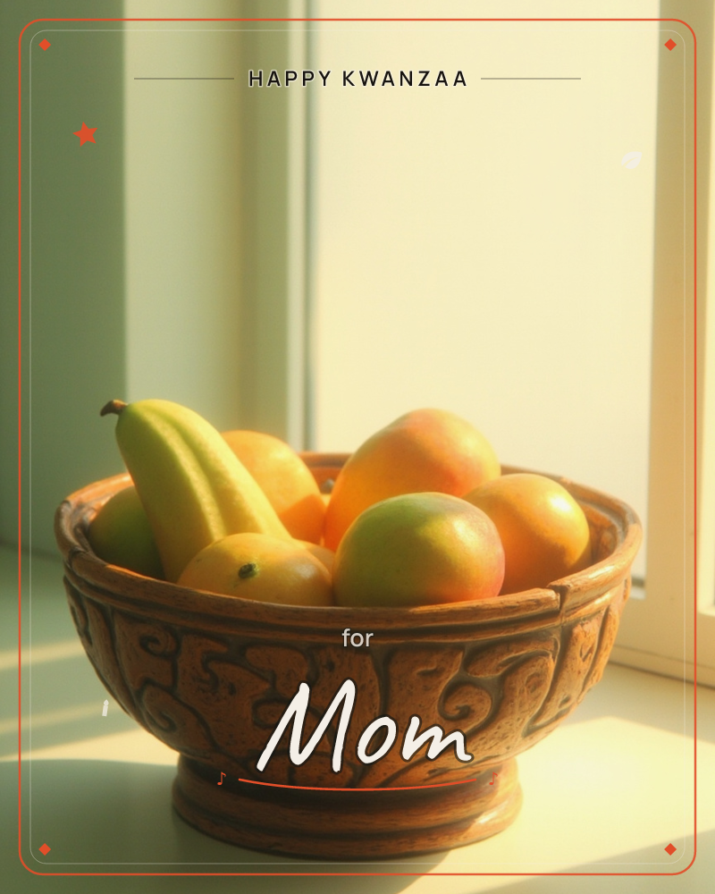 A carved terracotta bowl sits on a windowsill, heaped with bananas, oranges, and mangoes catching warm afternoon light, a kwanzaa e-card design