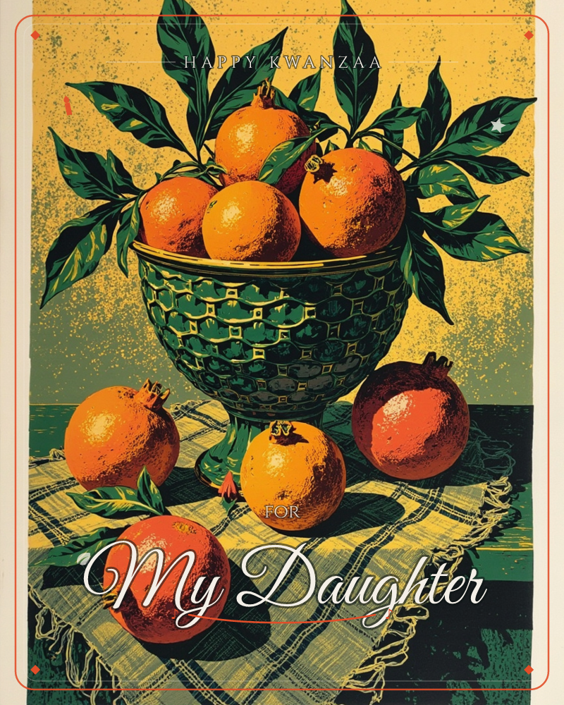 A woven green and gold basket overflows with oranges and pomegranates, their glossy leaves fanning upward against a mottled ochre background, a kwanzaa e-card design