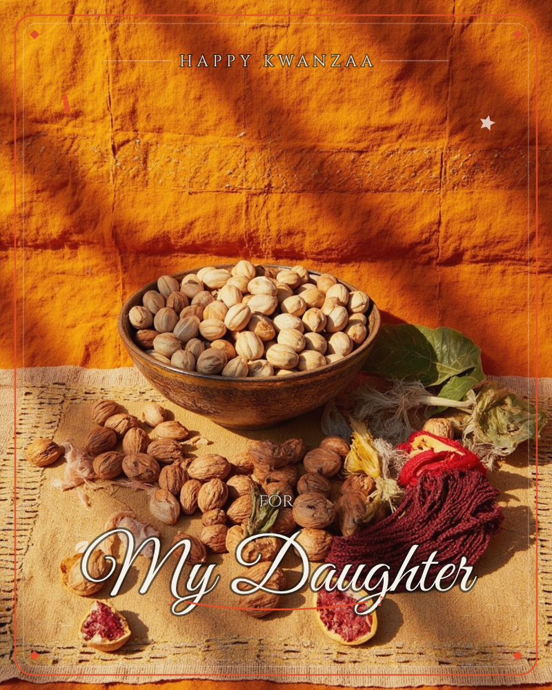 A rustic bowl brims with dried coriander seeds, set on a woven cloth against a sun-warmed terracotta wall streaked with shadow, a kwanzaa e-card design