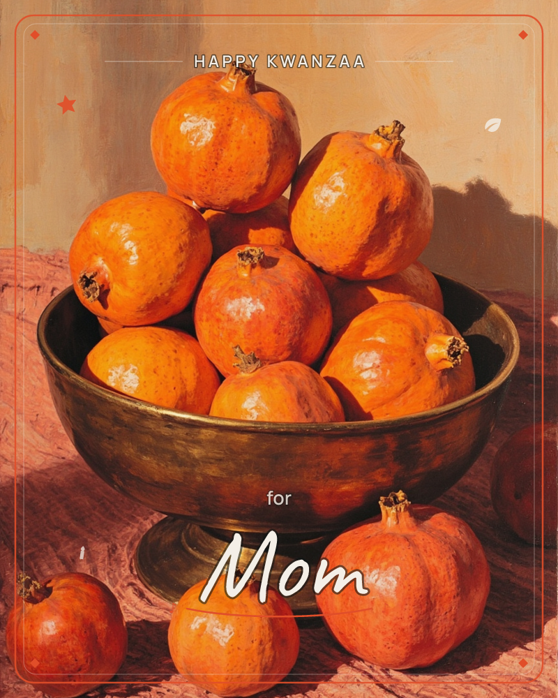 A brass pedestal bowl is piled high with glossy pomegranates, their orange-red skins catching strong, warm side-light against a muted rose-toned cloth, a kwanzaa e-card design