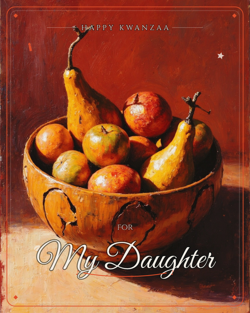A classic still life shows a rustic ochre bowl heaped with pears and apples, painted against a deep brick-red background, a kwanzaa e-card design