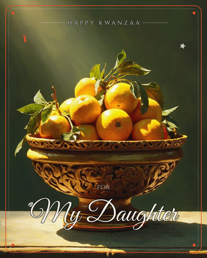 A carved wooden pedestal bowl overflows with glossy oranges and leafy stems, lit by a single shaft of light cutting through a dark olive-green backdrop, a kwanzaa e-card design