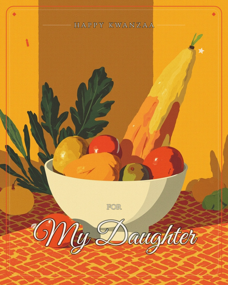 A white bowl overflows with autumn produce, apples, a squash, a pear, and a tall curved gourd, set against a warm mustard-striped wall and a red…, a kwanzaa e-card design
