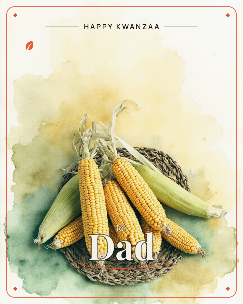 A cluster of freshly husked corn cobs rests in a woven wicker basket, their pale green leaves still curling at the tips, a kwanzaa e-card design