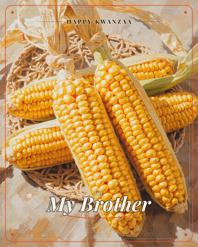 A cluster of husked corn cobs, golden kernels gleaming, rests piled on a woven straw mat with pale dried husks curling up behind them, a kwanzaa e-card design