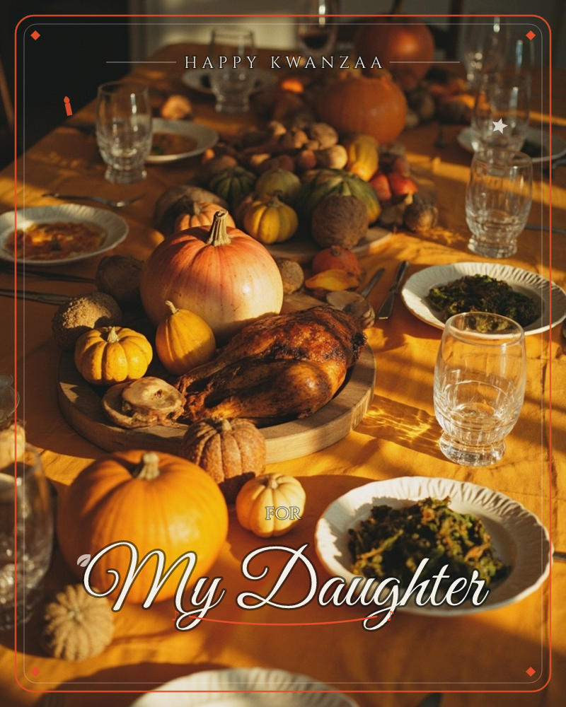 A golden-lit table set for a harvest feast, with a roasted bird at the center surrounded by pumpkins and gourds in every size and shade of orange, a kwanzaa e-card design