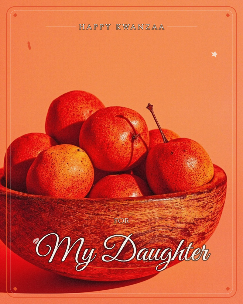 A wooden bowl is piled high with small round fruit, their speckled skins glowing in warm orange and red light, a kwanzaa e-card design