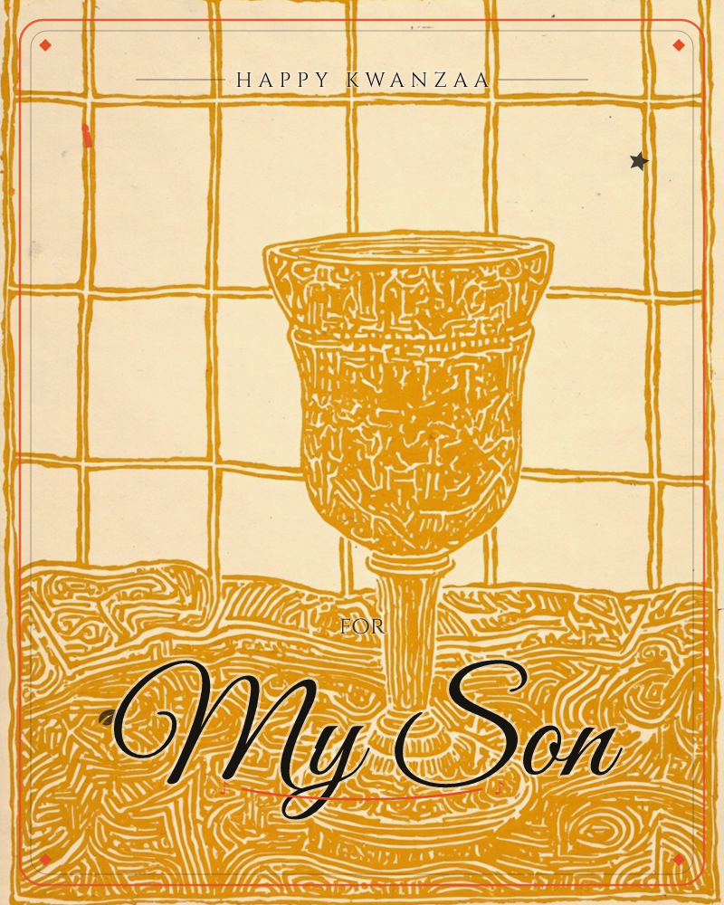 A single ornate goblet stands on a textured tabletop before a windowpane grid, the whole image rendered in one warm gold ink against cream paper, a kwanzaa e-card design