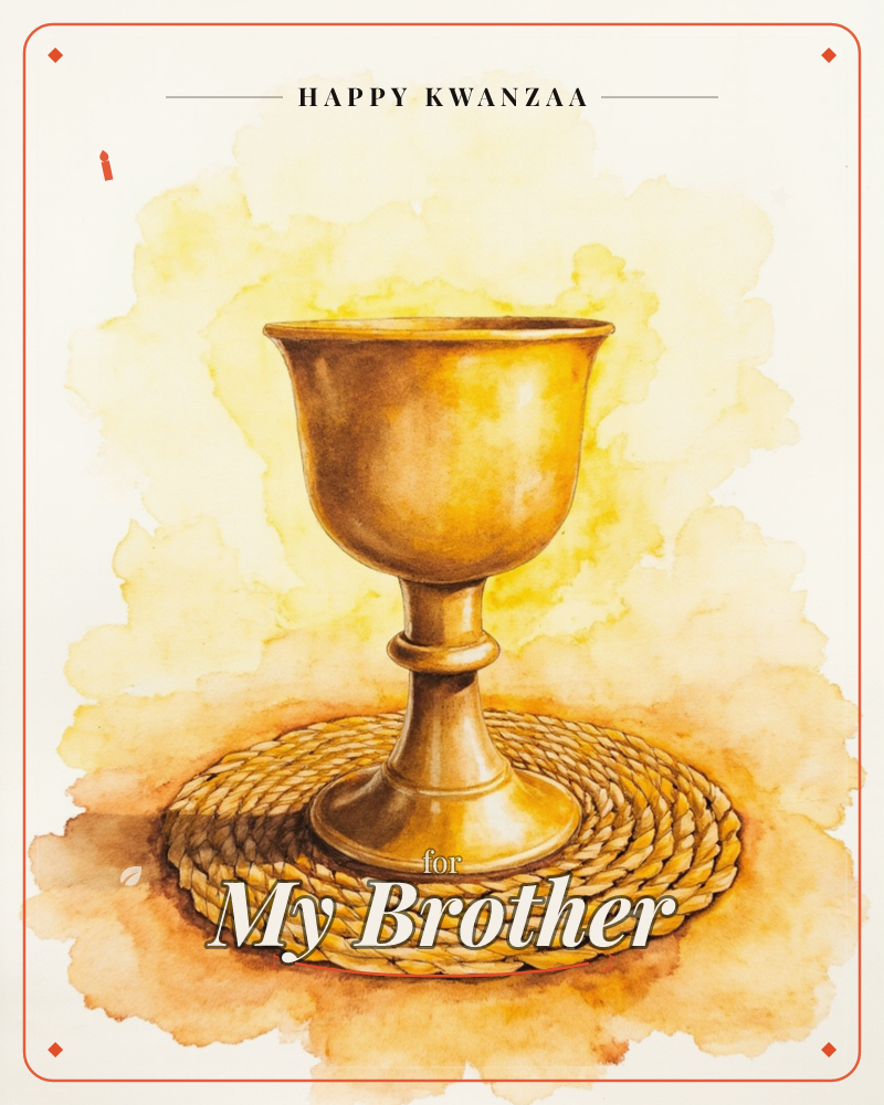 A golden chalice stands on a woven straw mat, its polished surface catching warm highlights against a glowing wash of amber and honey-toned light, a kwanzaa e-card design