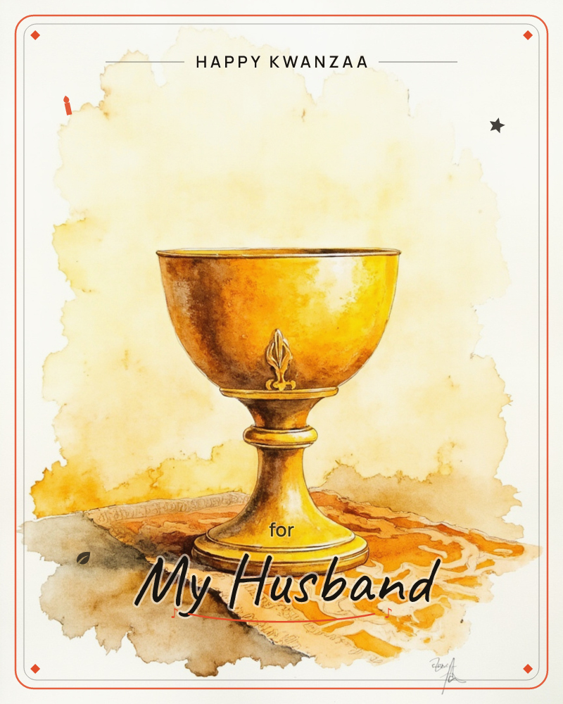 A golden chalice with a fleur-de-lis emblem sits alone on a pale cloth, rendered in warm washes of amber and honey-toned watercolour that glow around…, a kwanzaa e-card design