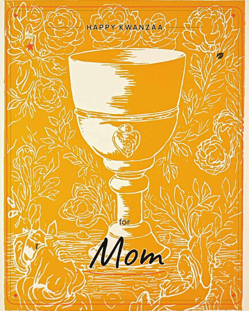 A tall goblet with a small heart-shaped charm on its stem stands centre stage against a rich amber background, surrounded by a dense line-drawn tangle…, a kwanzaa e-card design