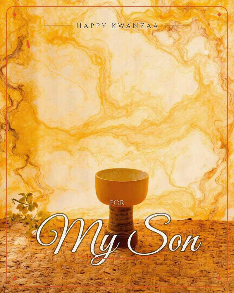 A single amber-glazed cup on a slender wooden stem stands on a sandy surface, backlit by a glowing veined backdrop like molten stone or marbled light, a kwanzaa e-card design