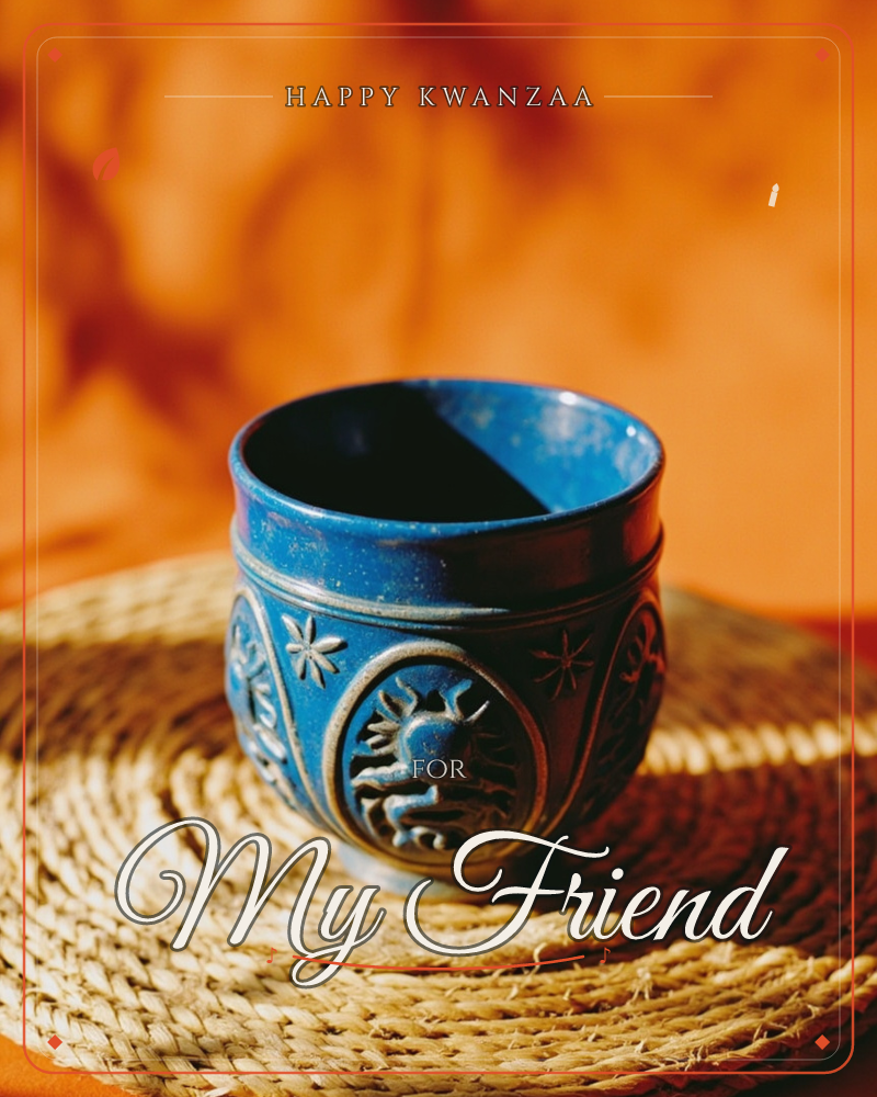 A small ceramic cup glazed in deep cobalt blue sits on a coiled woven mat, its sides pressed with raised medallions of a crab-like creature and star…, a kwanzaa e-card design