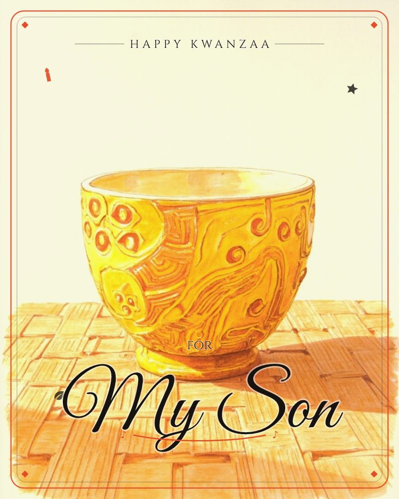 A golden-yellow ceramic bowl sits on a woven straw mat, its surface carved with swirling lines and small carved circles like petals and eyes, a kwanzaa e-card design