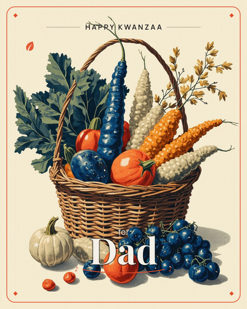 A woven wicker basket overflows with a stylised harvest: elongated blue squash, bumpy orange and cream gourds, curling kale leaves and a spray of…, a kwanzaa e-card design