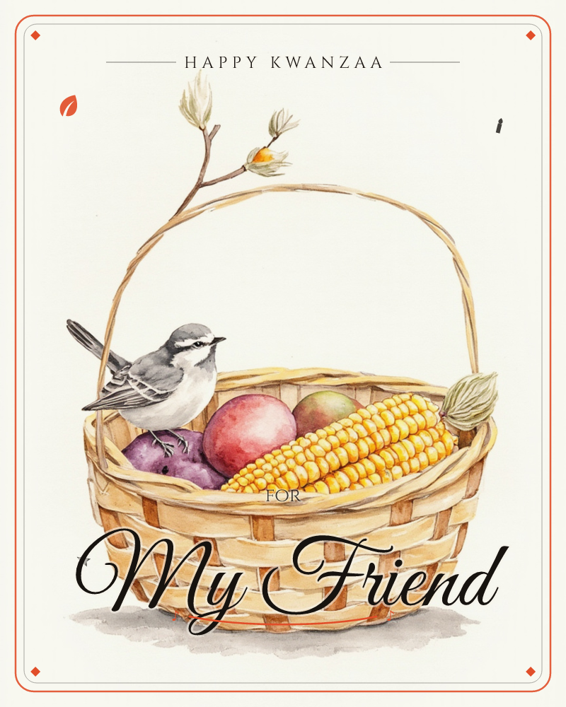 A woven wicker basket sits against a plain cream background, filled with a red apple, a small cluster of dark plums, and a golden ear of corn with its…, a kwanzaa e-card design