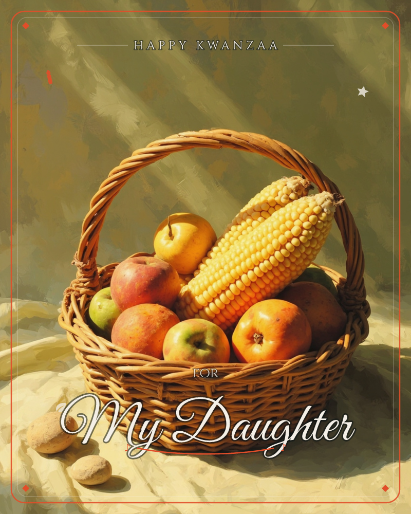 A woven wicker basket sits on a draped cream cloth, piled high with apples, ears of corn, and other autumn produce, its tall arched handle catching…, a kwanzaa e-card design