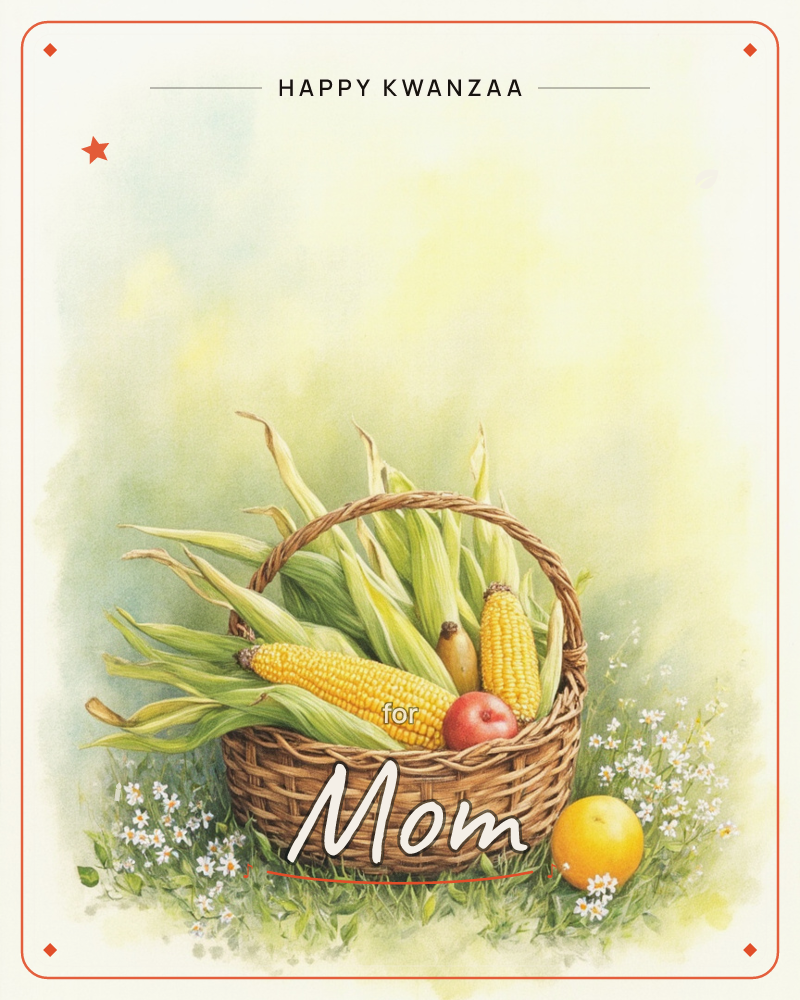 A woven wicker basket sits in a patch of grass, brimming with fresh corn cobs still in their husks, alongside a red apple and an orange resting beside…, a kwanzaa e-card design