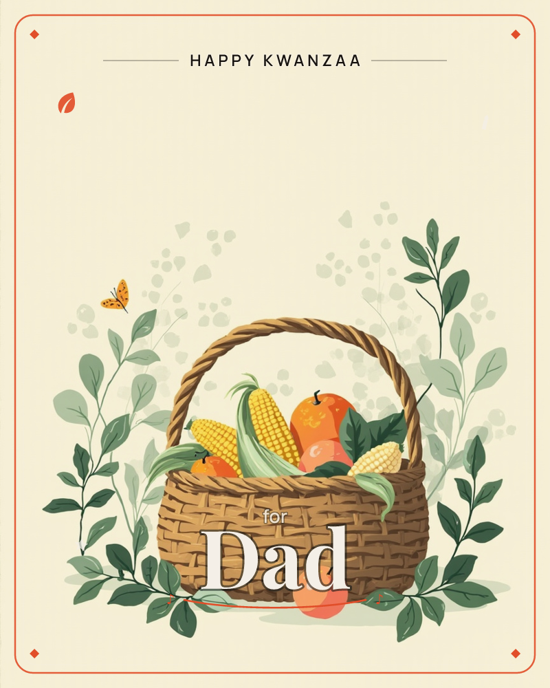 A woven brown basket sits centered on a soft cream background, overflowing with corn cobs, peaches, and green leafy husks, a kwanzaa e-card design
