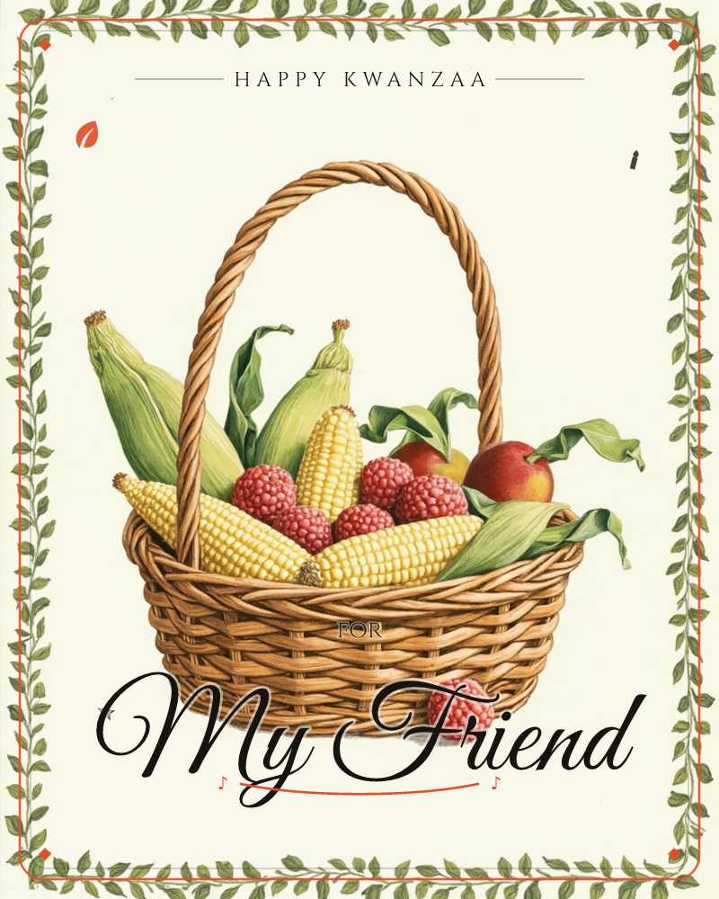 A woven wicker basket with a tall curved handle sits centre stage, piled high with ears of sweetcorn still in their husks, plump raspberries, and a…, a kwanzaa e-card design