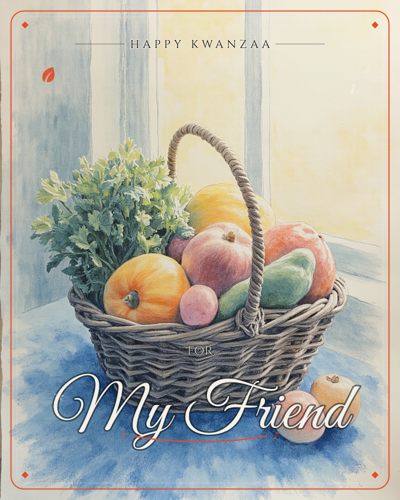 A woven wicker basket sits piled high with fresh produce, an orange, an apple, a green pear, a plum, a small pumpkin, and a bunch of leafy greens, …, a kwanzaa e-card design