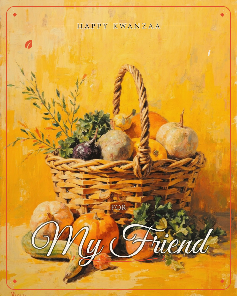 A woven wicker basket sits loaded with autumn produce, onions, a turnip, garlic bulbs, leafy greens and a curved squash spilling out at its base, all…, a kwanzaa e-card design