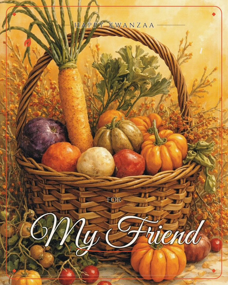 A woven wicker basket sits piled high with harvest vegetables, a tall carrot with leafy top, red cabbage, tomatoes, small gourds and squash, all…, a kwanzaa e-card design
